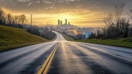 Fototapeta premium A peaceful view of a quiet asphalt highway, with a panoramic city skyline in the distance, framed by a cloudy morning sky.
