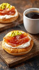 Fototapeta premium Bagel with cream cheese served with coffee concept. Delicious pastry with cream, topped with fruit and nuts, beside coffee