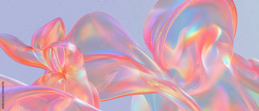 Poster soft holographic ribbons and flowing floral elements create a dreamy abstract background