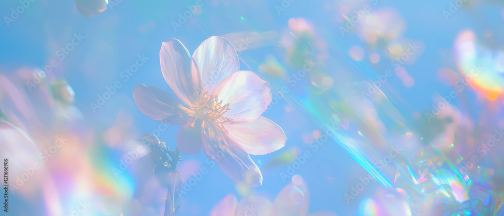 Poster soft holographic textures and floral elements create a serene and vibrant atmosphere