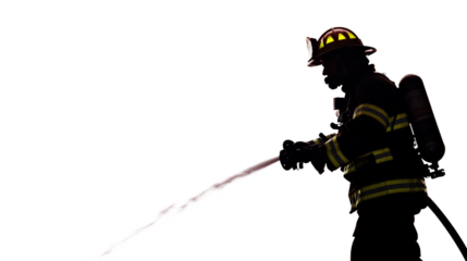 Firefighter battling flames with hose against bright backdrop in heroic silhouette isolated on transparent background