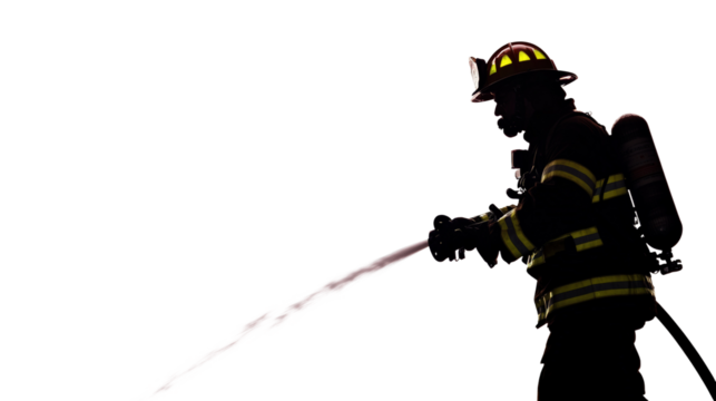 Firefighter battling flames with hose against bright backdrop in heroic silhouette isolated on transparent background
