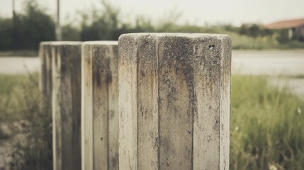 Weathered concrete posts in a rural setting.