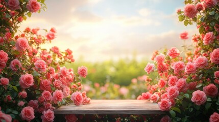 Naklejka premium A podium set against a beautiful field of colorful spring roses, framed by soft light and a dreamy outdoor background, evoking peace and beauty.