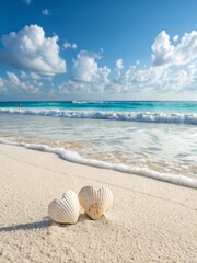 Tranquil beach scene with two heart shaped seashells on clean sand, gentle ocean waves, crystal-clear blue water, bright sky with fluffy clouds, peaceful minimal atmosphere