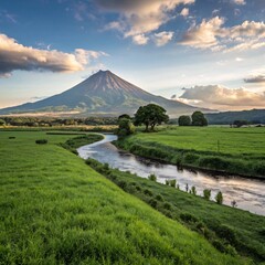 Fototapeta premium Serene Landscape with Volcano and River