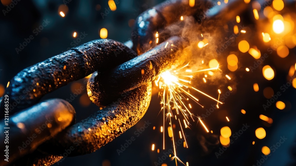 Poster a powerful image of welding sparks flying from a metal chain link, illuminated against a dark backgr