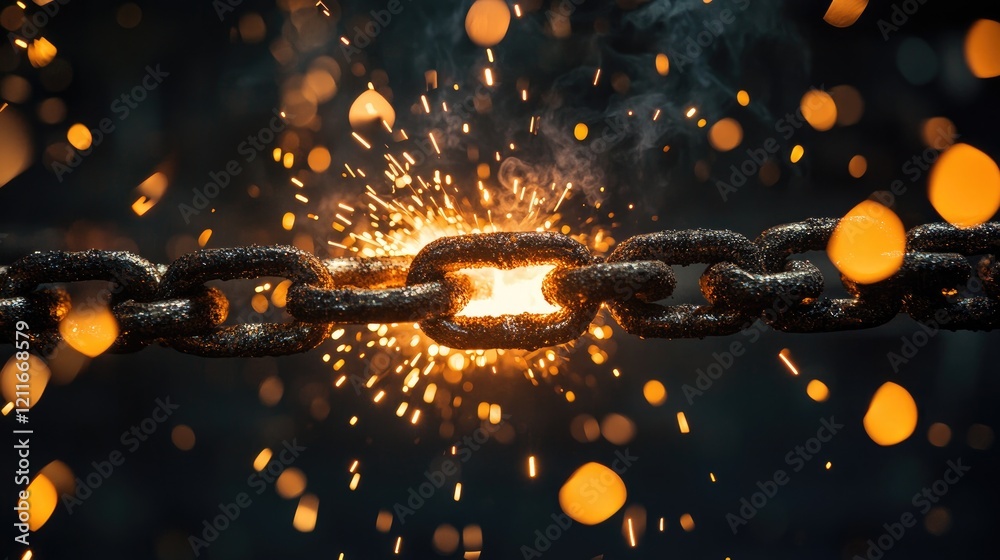 Poster a powerful image of welding sparks flying from a metal chain link, illuminated against a dark backgr