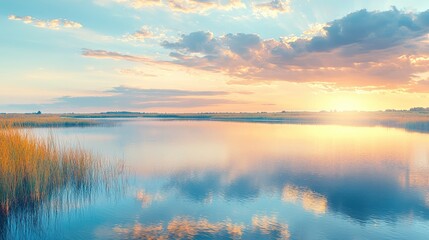Fototapeta premium Calm lake sunset, serene landscape, golden hour reflection, peaceful nature scene, idyllic travel