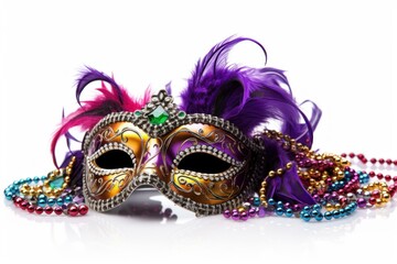 Purple, gold, and pink mardi gras mask with feathers and colorful beads isolated on white background