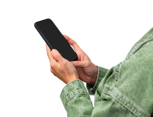 Isolated black cellphone in hands of female wearing green jacket.