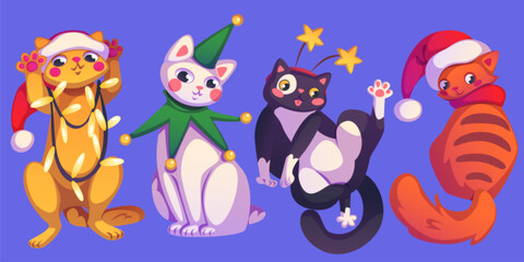 Christmas cats collection of festive felines - ginger kitten wrapped in lights, white pet in elf costume, black kitty with stars headband, red companion in Santa hat. Cartoon animals for holiday card.