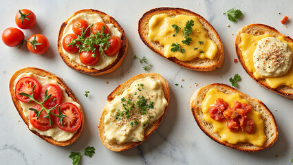 Assorted gourmet toasts with toppings on marble background