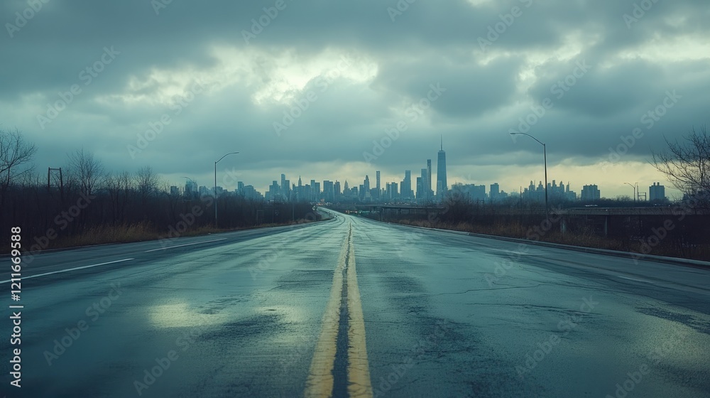 Poster a quiet asphalt highway in the morning, stretching into the distance with a panoramic city skyline u