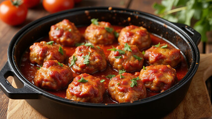 Fototapeta premium Savory meatballs in tomato sauce served in a cast iron pan