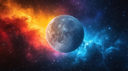 A vibrant cosmic scene featuring a detailed moon surrounded by colorful nebulae in space