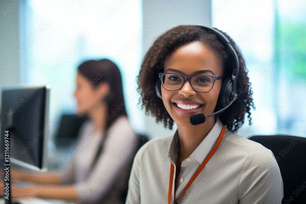 Poster friendly customer service representative smiling while assisting clients in a busy call center