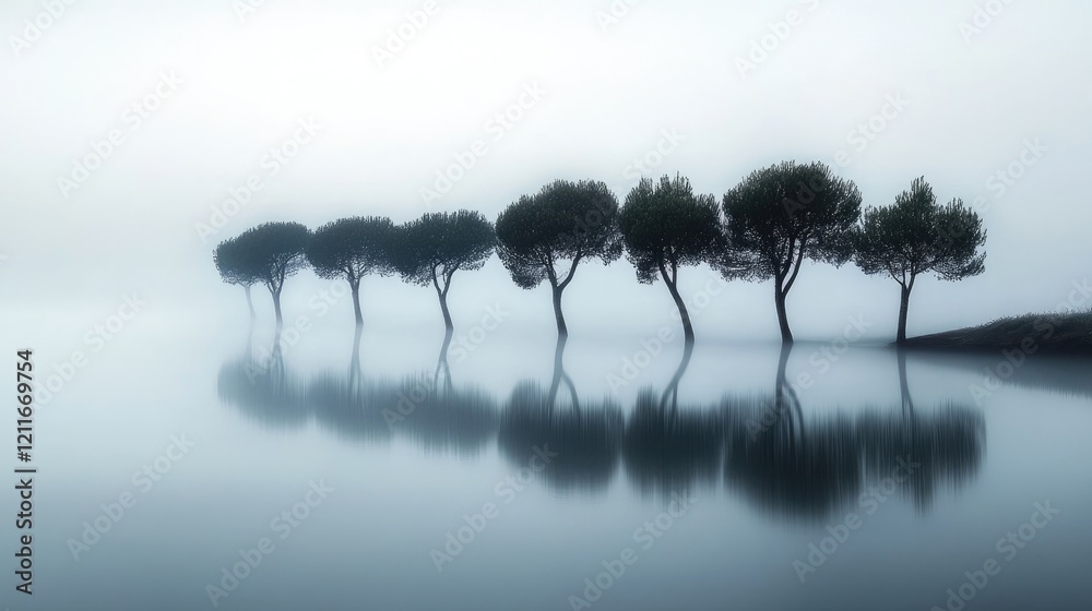 Poster A quiet foggy landscape, where a uniform line of trees adds symmetry and harmony, creating a peaceful and calming scene.