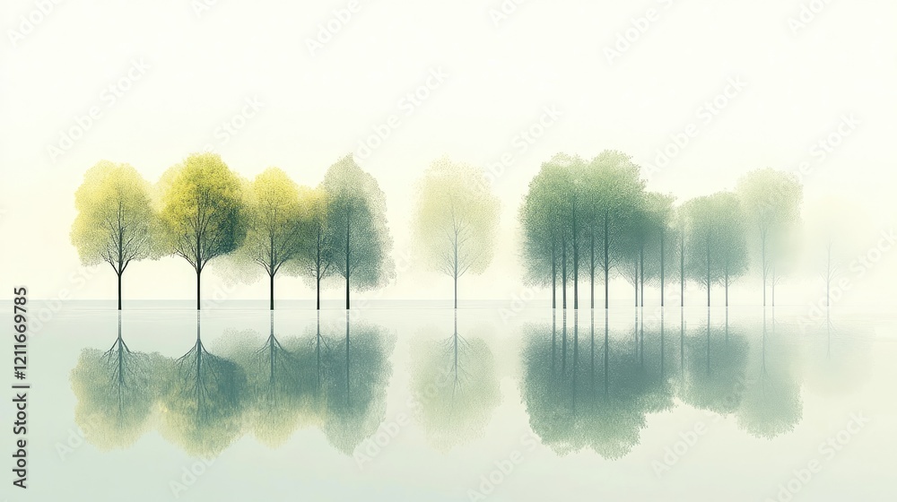 Poster A quiet foggy landscape, where a uniform line of trees adds symmetry and harmony, creating a peaceful and calming scene.