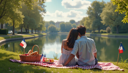  Couple enjoying Bastille Day picnic by calm river with festive decor

