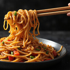 Noodles being lifted with chopsticks in a dark background