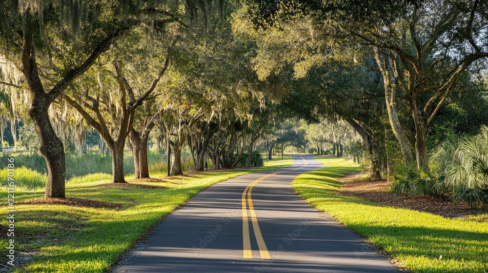 Poster A quiet, tree-lined road with a yellow line running down the center, creating a calm and inviting path through the countryside.