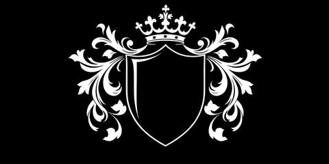 Illustrate a family crest with a central black shield, ornate flourishes, and a crown at the top