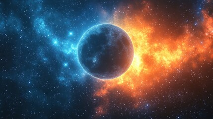 Stunning cosmic scene featuring a planet surrounded by vibrant blue and orange nebulae in space