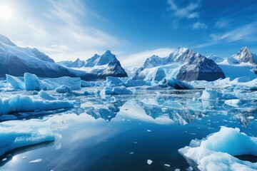 Icebergs float in the calm arctic ocean, reflecting snowy mountains and blue sky, creating a serene polar landscape