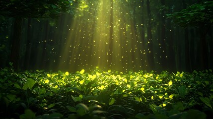 Fototapeta premium Magical Forest with Sunlight and Glowing Fireflies in Nature