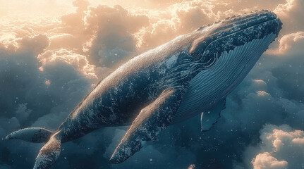 Naklejka premium Big whale swimming in the sky, between the clouds.