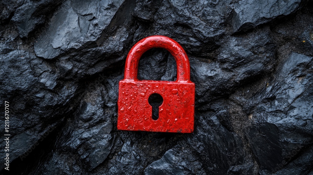 Poster a red padlock stands out against rough black stones, symbolizing security and protection, with a sha