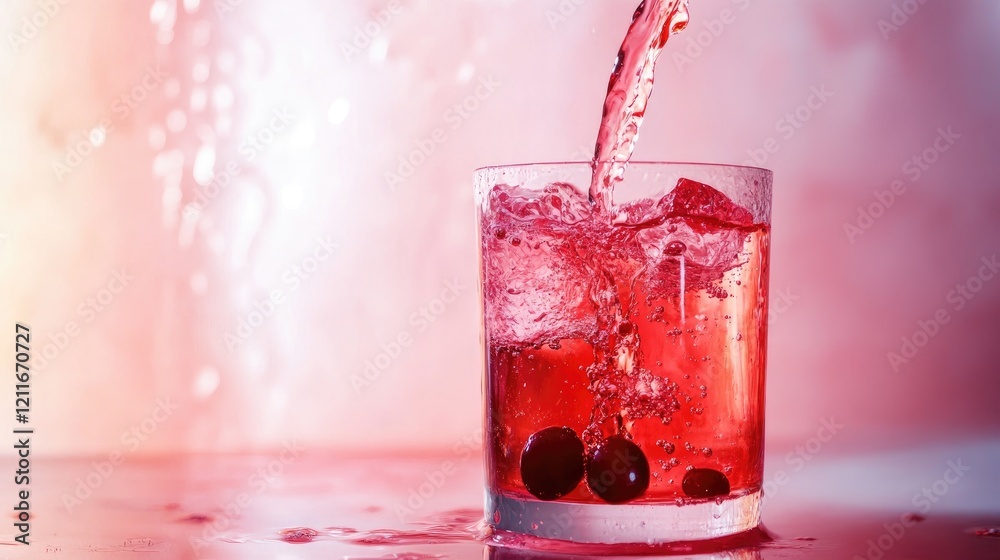 Poster a refreshing cranberry syrup is poured into water, creating an ombre effect in the glass as the colo
