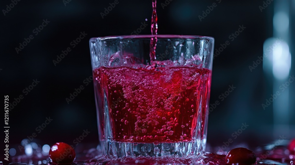 Poster A refreshing cranberry syrup is poured into water, creating an ombre effect in the glass as the colors blend seamlessly.