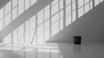 Studio cleaning mops, bucket, sunlit wall.