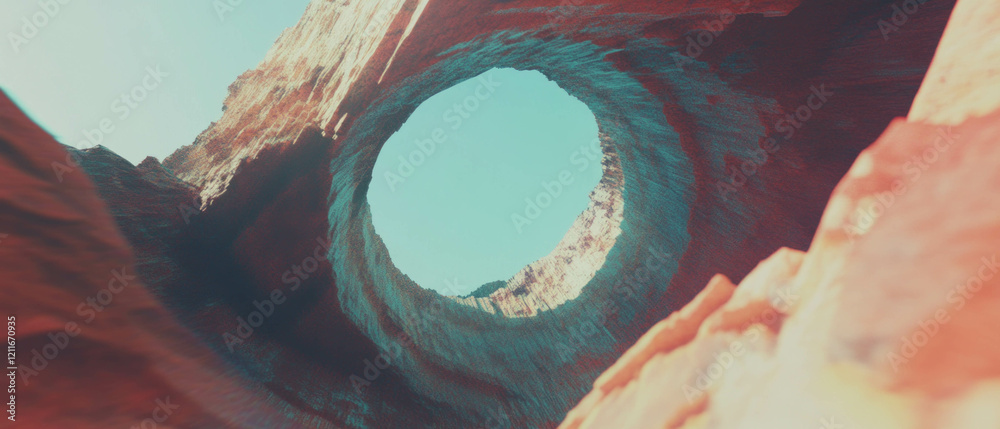 Poster exploring the surreal landscape of a circular rock formation in vivid colors