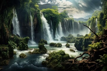 Breathtaking scenery of a majestic waterfall flowing through a vibrant rainforest, creating a tranquil oasis