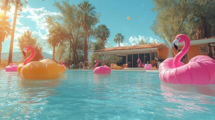 A vibrant pool party with colorful balloons, flamingos, and inflatable toys.
