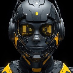 Futuristic artificial intelligence head on black background. High contrast digital design for technology and networking concepts. Perfect for web design, tech presentations and digital art projects.