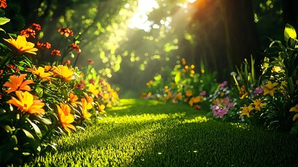 Obraz premium Vibrant Floral Pathway Through Lush Green Forest with Sunlight