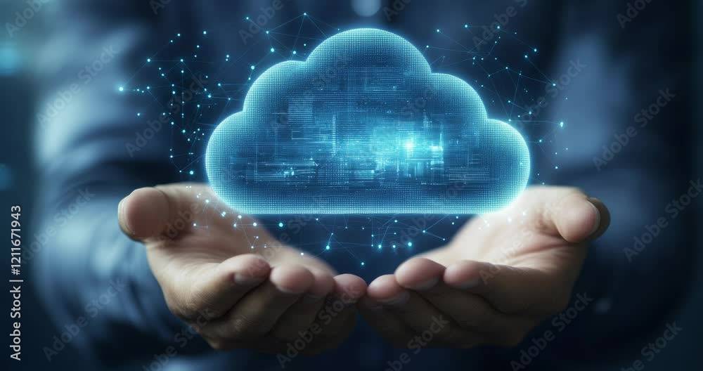 Poster cloud symbol with a circuit board background. digital connectivity and technology. database storage 