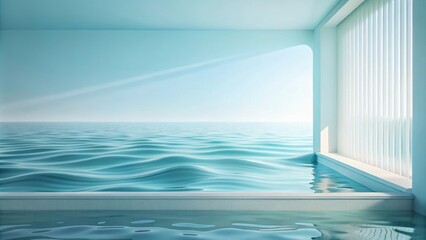 Fototapeta premium Serene Minimalist Room Interior Design with Ocean View and Sheer Window Blinds