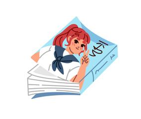 Icon of manga with cute girl on cover. Paper anime book. Asian comic, Japanese literature for reading. Fiction or romantic story in Japan. Flat isolated vector illustration on white background