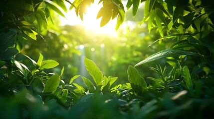 Lush Green Leaves with Glowing Sunlight through Forest Canopy