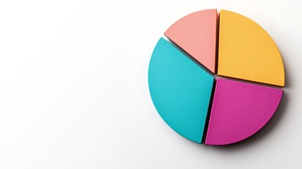 A colorful pie chart divided into four segments, showcasing vibrant hues of pink, yellow, blue, and purple against a plain white background.