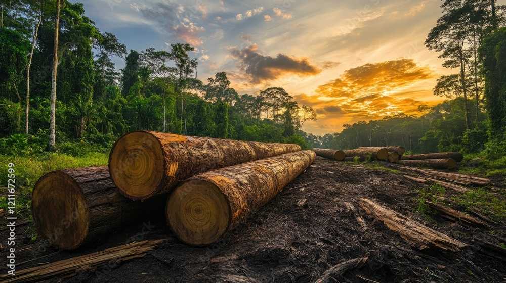 Poster A serene rainforest landscape showing the effects of sustainable logging practices, with side copy space to highlight the importance of conservation.