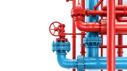 Colorful industrial pipes in red and blue, featuring a prominent valve, illustrate a system for fluid transport or control.