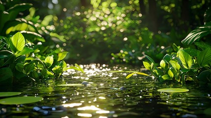Naklejka premium Tranquil Stream with Lush Greenery and Natural Reflections