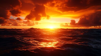 Obraz premium Dramatic Sunset Over Calm Ocean Waves with Fiery Cloudscape