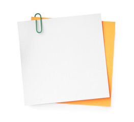 Blank paper notes attached with clip isolated on white, top view